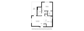A floor plan of a house with a living room, kitchen, bathroom, bedroom and entry.