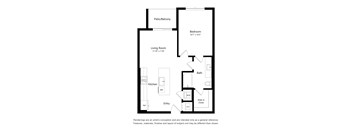 A floor plan of a house with a living room, kitchen, bath, and two bedrooms.