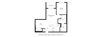 A floor plan of a home with a den, living room, kitchen, bathroom, and two bedrooms.