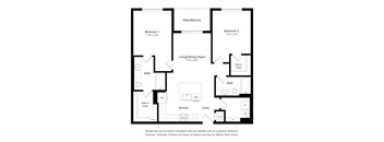 A floor plan of a house with two bedrooms, a living room, a kitchen, a bathroom, and a walk-in closet.