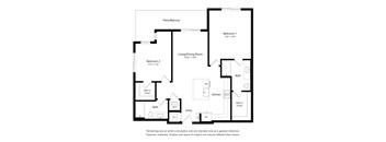 A floor plan of a home with two bedrooms, a living/dining room, a kitchen, and a bath.