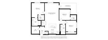 A floor plan of a home with three bedrooms, a living/dining room, kitchen, bath, and den.
