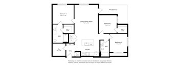 A black and white floor plan of a home with three bedrooms, a living/dining room, kitchen, bath, and den.