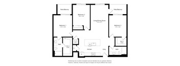 A black and white floor plan of a house with three bedrooms, a living/dining room, a kitchen, a bath, and a walk-in closet.