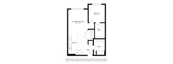 A floor plan of a small apartment with a living room, kitchen, bathroom, and bedroom.