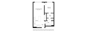 A floor plan of a small apartment with a living room, kitchen, bathroom and bedroom.