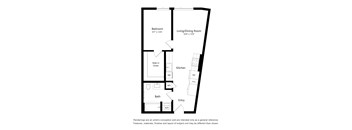 A floor plan of a room with a bedroom, living/dining room, kitchen, bath, and entry.