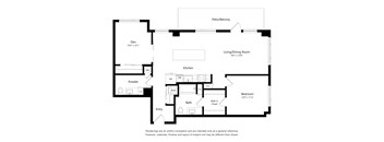 A floor plan of a home with a den, kitchen, living/dining room, bedroom, powder room, and entry.