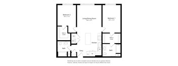 A floor plan of a house with two bedrooms, a living/dining room, a kitchen, two bathrooms, an entry, a patio, and a walk-in closet.