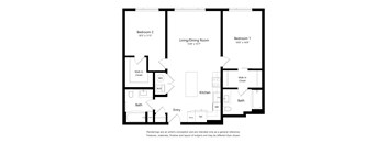 A floor plan of a house with two bedrooms, a living/dining room, a kitchen, a bath, and an entry.