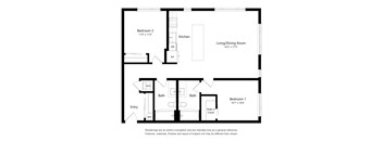 A floor plan of a small apartment with two bedrooms, a kitchen, a living/dining room, and two bathrooms.