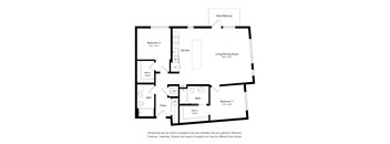 A floor plan of a home with two bedrooms, a living area, a kitchen, a bathroom, and a patio.