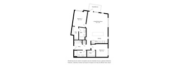 A floor plan of a house with two bedrooms, a living/dining room, a kitchen, a bathroom, and an entry.