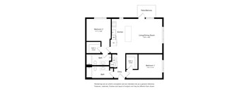 A floor plan of a home with two bedrooms, a living/dining room, a kitchen, a bathroom, and a patio/balcony.