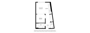 A floor plan of a small apartment with a living area, kitchen, sleeping area, and bathroom.