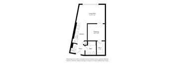 A floor plan of a small apartment with a living area, kitchen, sleeping area, bathroom, and entry.