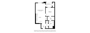 A floor plan of a small apartment with a living room, dining room, kitchen, bathroom, bedroom and entry.