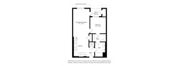 A floor plan of a small apartment with a living room, dining room, kitchen, bathroom, bedroom and balcony.