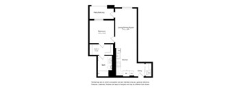 A floor plan of a home with a living room, dining room, kitchen, bath, and bedroom.