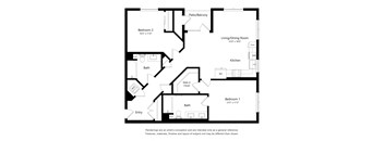 A floor plan of a home with two bedrooms, a living/dining room, a kitchen, two bathrooms, and a walk-in closet.