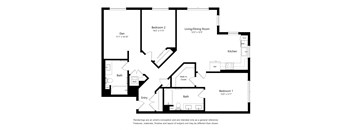 A black and white floor plan of a house with two bedrooms, a living/dining room, a kitchen, a bathroom, and an entry.