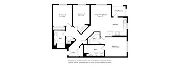 A black and white floor plan of a house with two bedrooms, a living/dining room, a kitchen, a bathroom, and a patio/balcony.