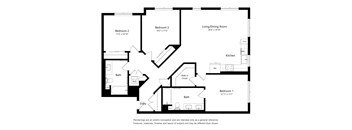 A black and white floor plan of a house with two bedrooms, a living/dining room, a kitchen, a bathroom, and an entry way.