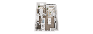 A top-down view of a small apartment with a kitchen, living room, and bathroom.