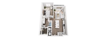 A top-down view of a small apartment with a kitchen, living room, and bathroom.