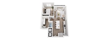 A white floor plan of a small apartment with a kitchen, living room, and bathroom.