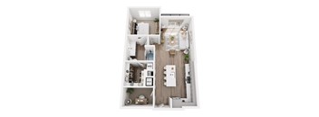 A top-down view of a small apartment with a kitchen, living room, and bathroom.