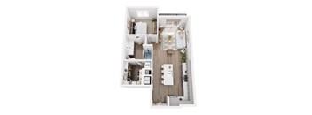 A top down view of a small apartment with a kitchen, living room and bathroom.