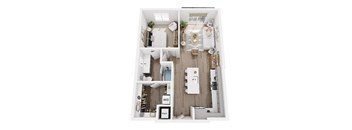 A top down view of a modern apartment layout.