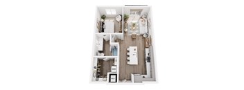 A top down view of a small apartment with a kitchen, living room, and bathroom.
