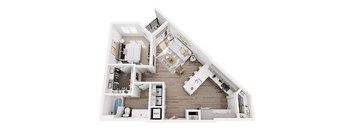 A white model of a house with a kitchen, living room, and bathroom.