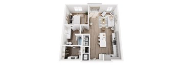 A top-down view of a modern apartment layout.