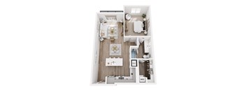 A top-down view of a small apartment with a kitchen, living room, and bathroom.
