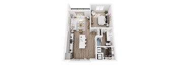A top down view of a small apartment with a kitchen, living room and bathroom.