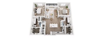 A top-down view of a modern, minimalist apartment layout.