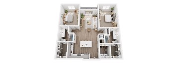 A top-down view of a modern apartment layout with a kitchen, living room, and two bedrooms.