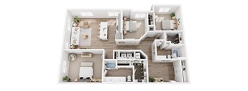 A top-down view of a modern, open-plan apartment with a kitchen, living room, dining area, and bedrooms.