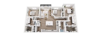 A top-down view of a modern, open-concept house layout with a central kitchen island and multiple living spaces.