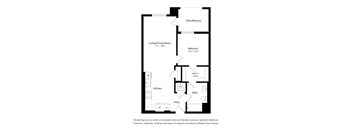 A floor plan of a small apartment with a living room, bedroom, kitchen, bathroom, and entry.