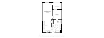 A floor plan of a small apartment with a living room, dining room, kitchen, bathroom, and bedroom.