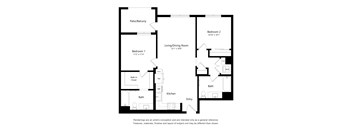 A floor plan of a house with two bedrooms, a living room, a kitchen, a bathroom, and an entry.