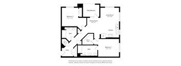 A floor plan of a home with a living room, two bedrooms, a bathroom, a dining room, a kitchen, and an entry.