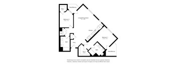 A black and white drawing of a house layout with two bedrooms, a living area, a kitchen, a bath, and a walk-in closet.