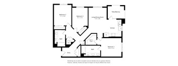 A black and white floor plan of a house with three bedrooms, a living/dining room, a kitchen, a bathroom, and an entry.
