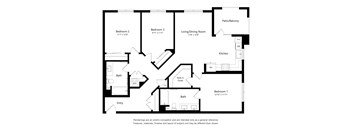 A floor plan of a house with three bedrooms, a living/dining room, a kitchen, a bathroom, and an entry.