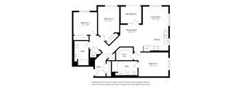 A floor plan of a house with three bedrooms, a living room, a dining room, a kitchen, and two bathrooms.